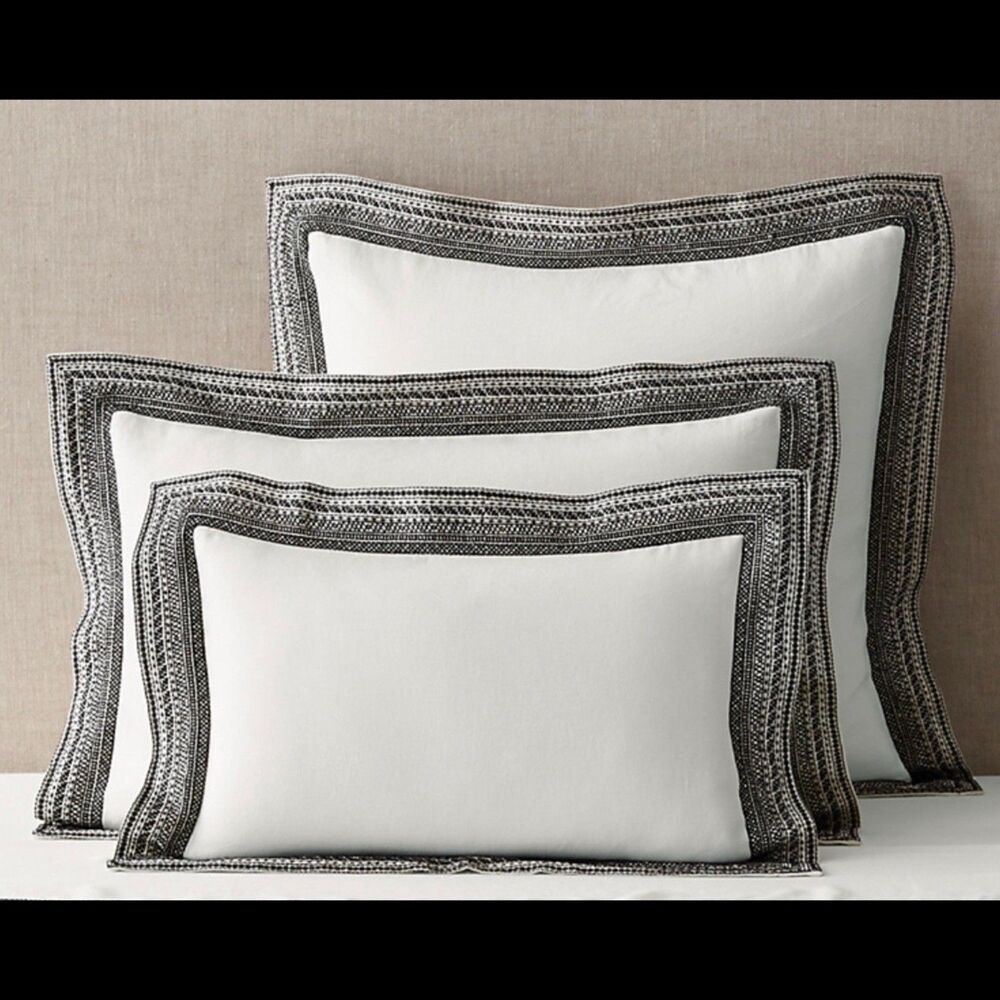Restoration Hardware Milou Linen Embroidered Shams Set of 2 Black Ivory 20x28"